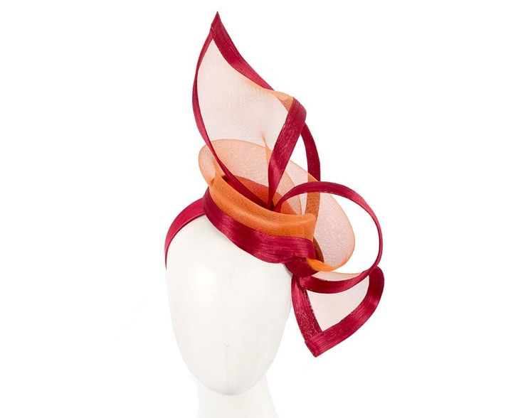 This gorgeous large red and orange twisted fascinator is an ideal complement for any outfit. Wear it at Melbourne Cup, Ascot, Kentucky Derby or any other special occasion and it is guaranteed to turn heads! Hand made in Melbourne from luxurious french cloth fabric and crinoline, this hat has a band firmly hold it in place.  Made in Australia  Bespoke Fascinator  Headband Elegant Orange Fascinator For Formal Occasions, Elegant Orange Fascinator For Formal Events, Red Fascinator For Spring Events, Elegant Orange Headpiece For Races, Red Fascinator For Royal Ascot Evening, Orange Headpieces For Party At Royal Ascot, Fitted Orange Headpiece For Party, Elegant Orange Fascinator For Royal Ascot, Fitted Orange Headpiece For Evening