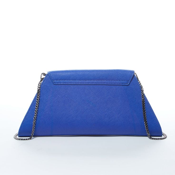 The Angelica is a sleek cobalt blue leather clutch purse crafted from crosshatched leather and is accented with a diagonal flap. This dazzling blue elegant evening bag features a fabric-lined interior with a zipped pocket and a zip closure at the top. With a removable chain strap, The unique Angelica can be worn over the shoulder or as an envelope clutch. This will be your go-to day to night designer handbag. More details about this cobalt blue leather clutch purse OUTSIDE: Dazzling Blue Leather Evening Pouch Clutch With Zipper Closure, Leather Clutch Evening Bag With Zipper, Modern Blue Evening Bag, Blue Leather Clutch For Evening, Blue Evening Bag With Removable Pouch For Party, Blue Crossbody Clutch For Evening, Blue Chic Leather Clutch, Blue Leather Chic Clutch, Blue Textured Leather Evening Bag