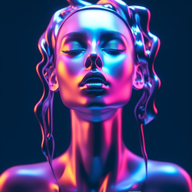 a woman with her eyes closed and headphones up to her ear, in neon colors