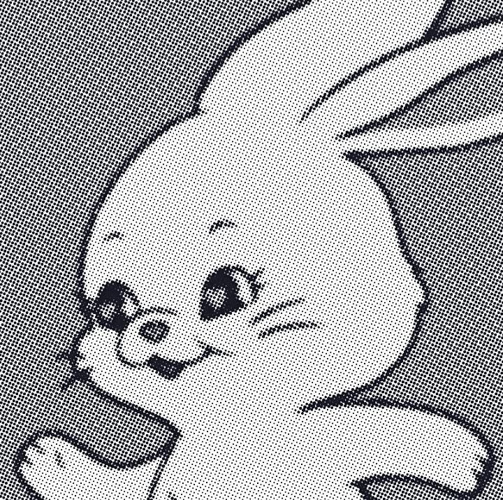 a blue and white drawing of a rabbit