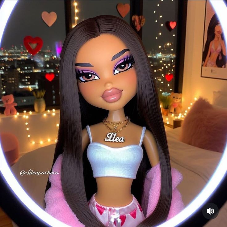 a doll with long black hair wearing a white top and pink skirt in front of a mirror