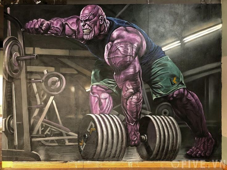 a painting of a man lifting a barbell in front of a gym wall mural