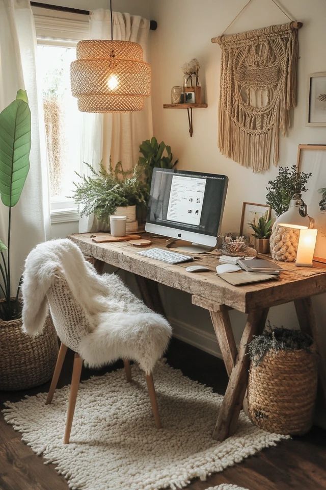 a desk with a computer on top of it next to some plants and potted plants