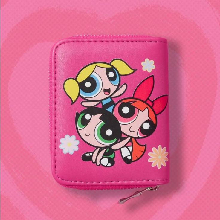 the powerpuff girls wallet is pink and has two cartoon characters painted on it