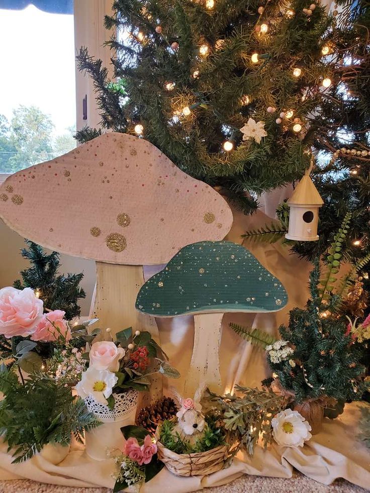 a table topped with lots of plants and mushrooms