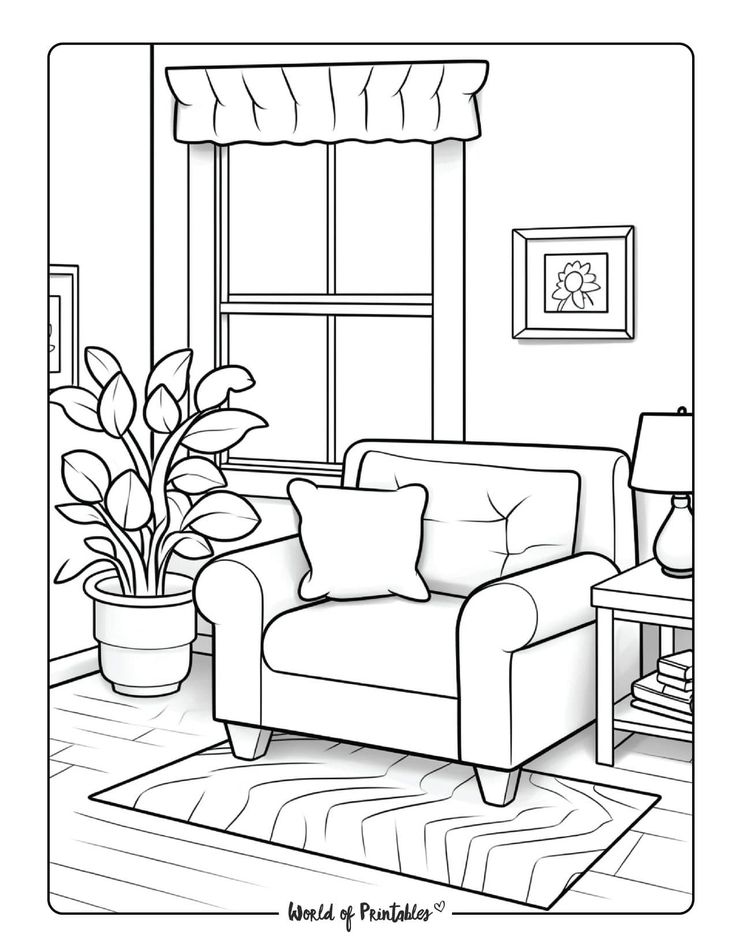 a black and white drawing of a living room with a couch, coffee table and potted plant