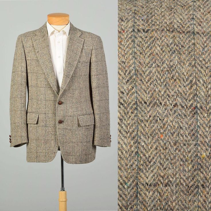 This listing is for 1 tweed jacket. Here is a USA made 1980s Harris Tweed jacket featuring a great herringbone weave with a subtle windowpane pattern on top, with of course come additional colorful fleck to make sure you know it's Harris Tweed. This is a great classic jacket for just about any occasion. The wool tweed is a bit on the warmer side so this is not a summer or hot weather blazer. Condition: Good Condition Details: 3mm hole in wearer's right elbow (see photo) Size Marked: Unmarked  Approximate Size: Medium  **Please Check Measurements to be Sure! Textile: 100% Wool  Lining Type: Fully Lined  Closure:  Front Buttons Label: Harris Tweed Era: 1980s  Measurements- Shoulder to Shoulder:  17.5" Shoulder to Cuff:  24.5" Chest/Bust:  42" Waist:  40" Hips:  45" Length:  30" All measureme Irish Tweed, Harris Tweed Jacket, Classic Jacket, Harris Tweed, Photo Size, Hot Weather, Tweed Jacket, Light Gray, Herringbone