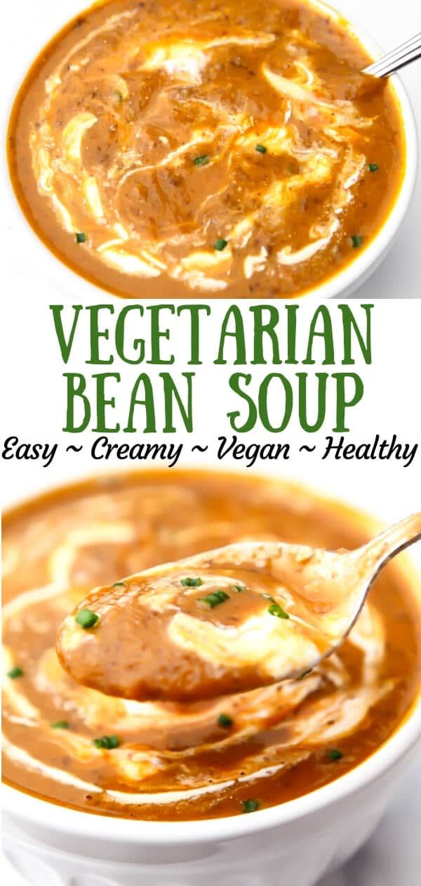 two bowls of vegetarian bean soup with spoons in them and the title above it