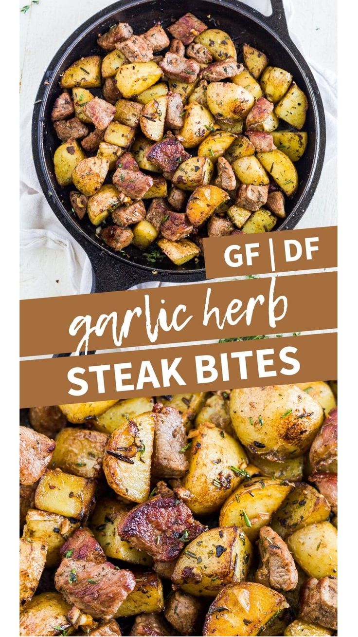 garlic herb steak bites in a cast iron skillet with text overlay that reads garlic herb steak bites