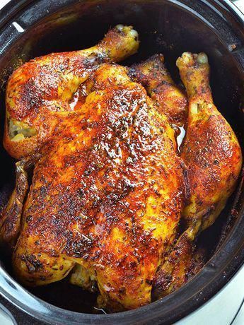 a close up of a chicken in a slow cooker