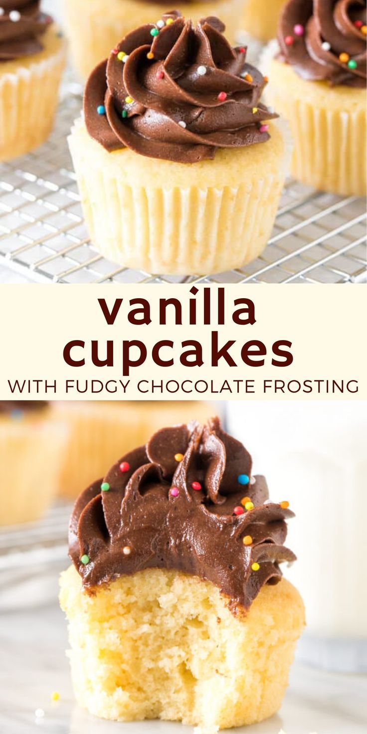 vanilla cupcakes with fudgey chocolate frosting