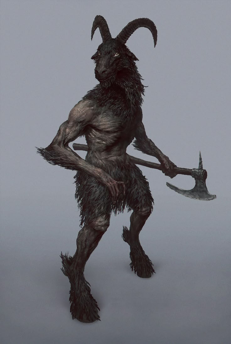 an image of a demon with two axes in his hands and one hand on his hip