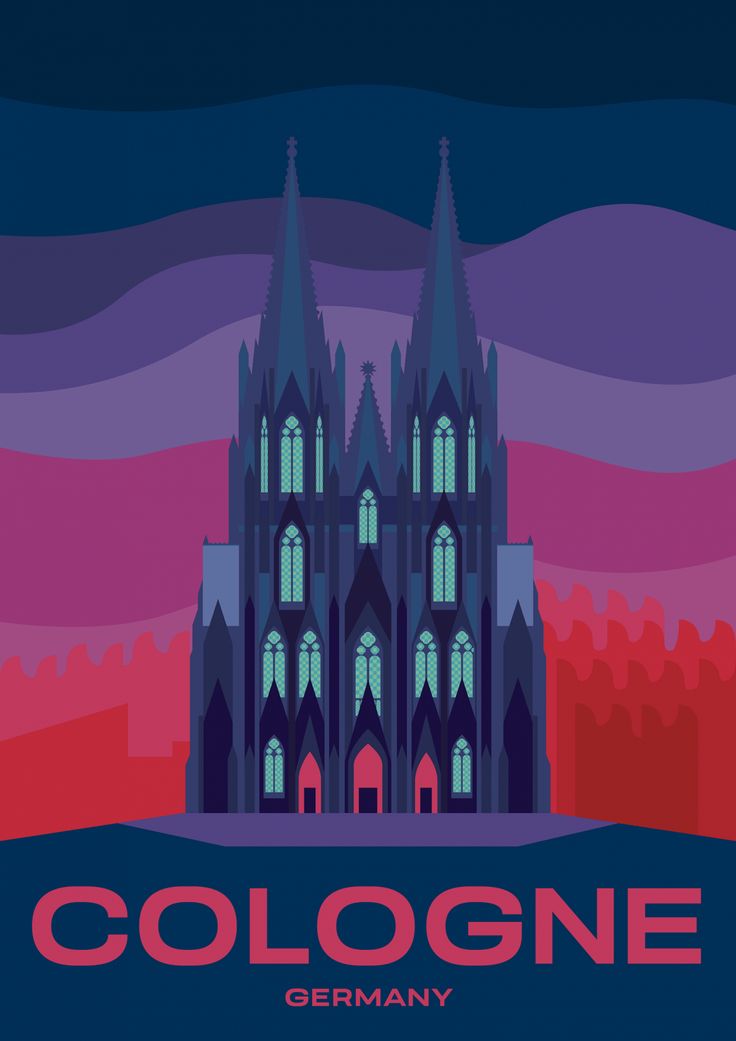 the cologne cathedral in germany is lit up at night with red and purple lights on it