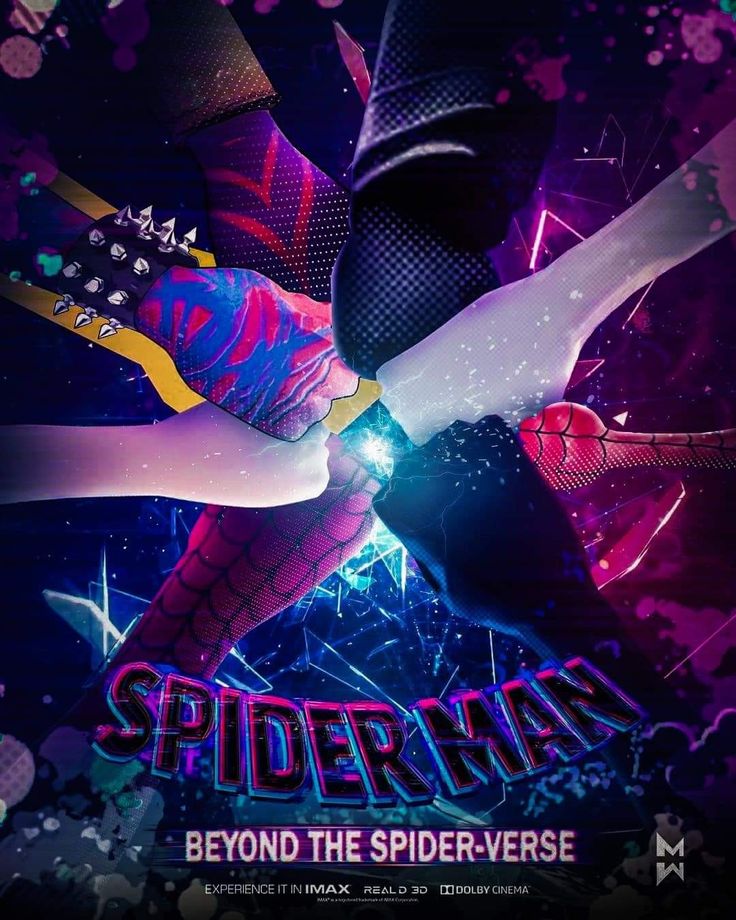 the poster for spider - man beyond the spider - verse is shown in purple and blue