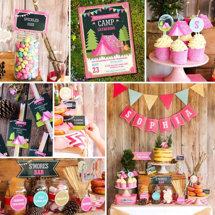 a collage of pink and green desserts, cupcakes, candy bar