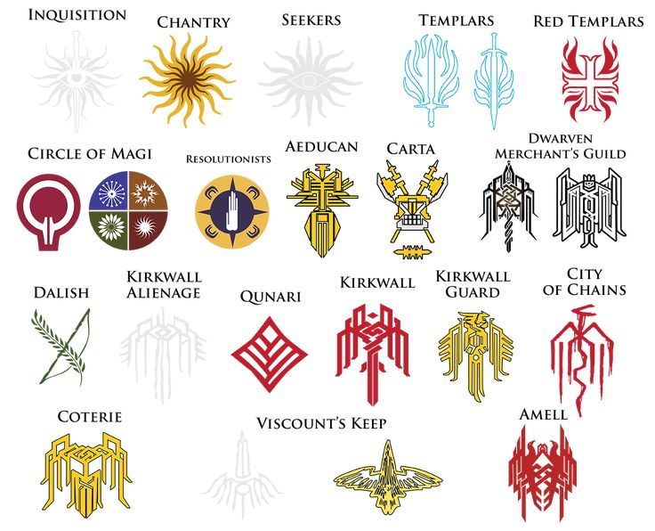 an image of different types of emblems on a white background, including the names and symbols