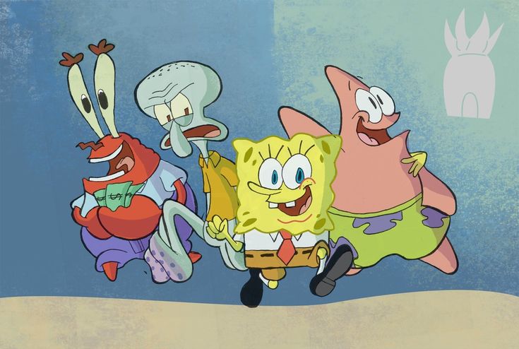 spongebob running with other cartoon characters in the background