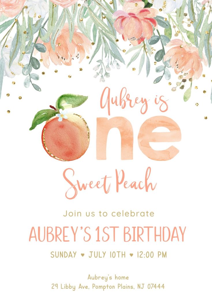 an orange and white birthday party with flowers on the front, one sweet peach in the middle