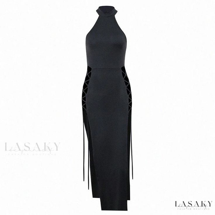 Lasaky - Fashionable and Sexy Bodycon Maxi Dress with Halter Neckline and Double Side Slits Bodycon Maxi Dress, Bodycon Maxi Dresses, Skirt Type, Halter Neckline, Types Of Skirts, High Collar, Types Of Collars, A Line Skirt, A Line Skirts