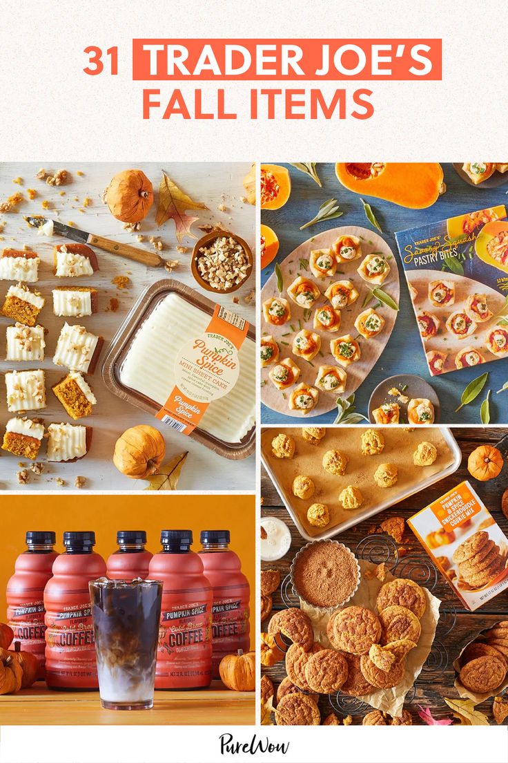 the cover of trader joe's fall items, including cookies and orange juices