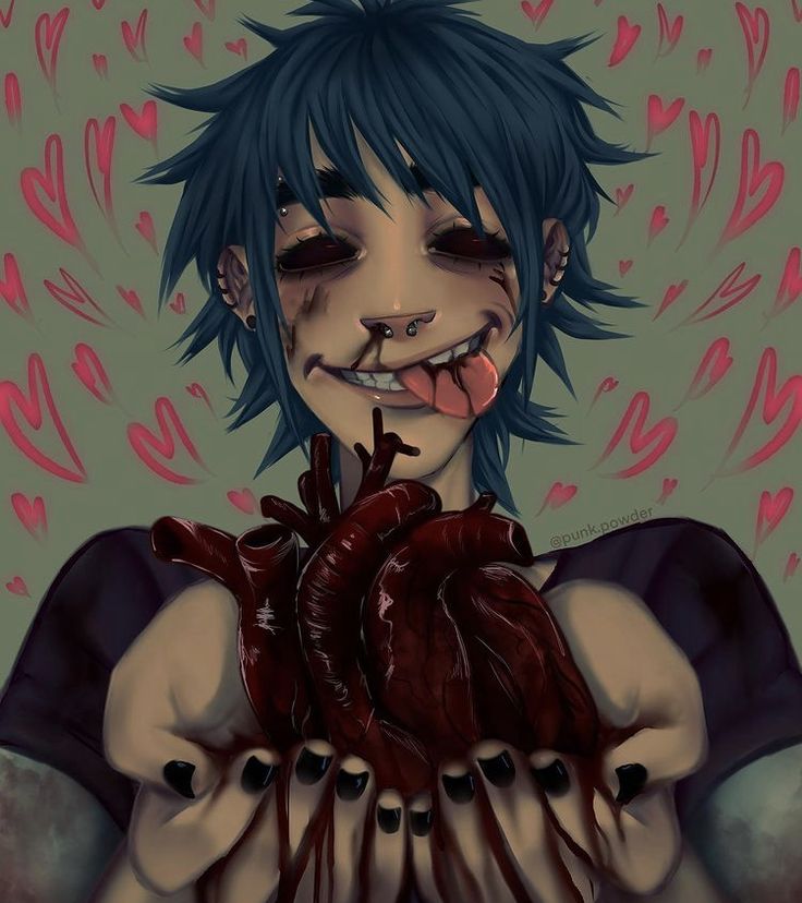 a drawing of a person with blue hair and black eyes holding a heart in his hands