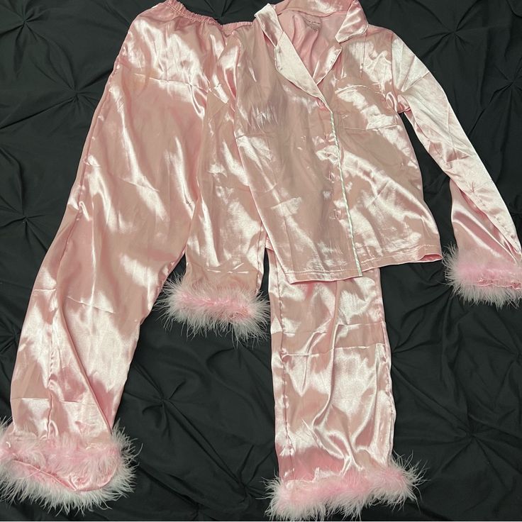 Silk Like, Fur Pajamas, Never Worn Before! Silk Pajamas With Fur, Custom Pajamas Birthday Parties, Pink Silk Pajamas Aesthetic, Silk Pajamas Black Women, Pink Satin Sleepwear For Lounging, Pink Satin Sleepwear For Nightwear, Pink Satin Loungewear Sets, Pink Satin Home Sets, Pink Satin Pajama Party Sets