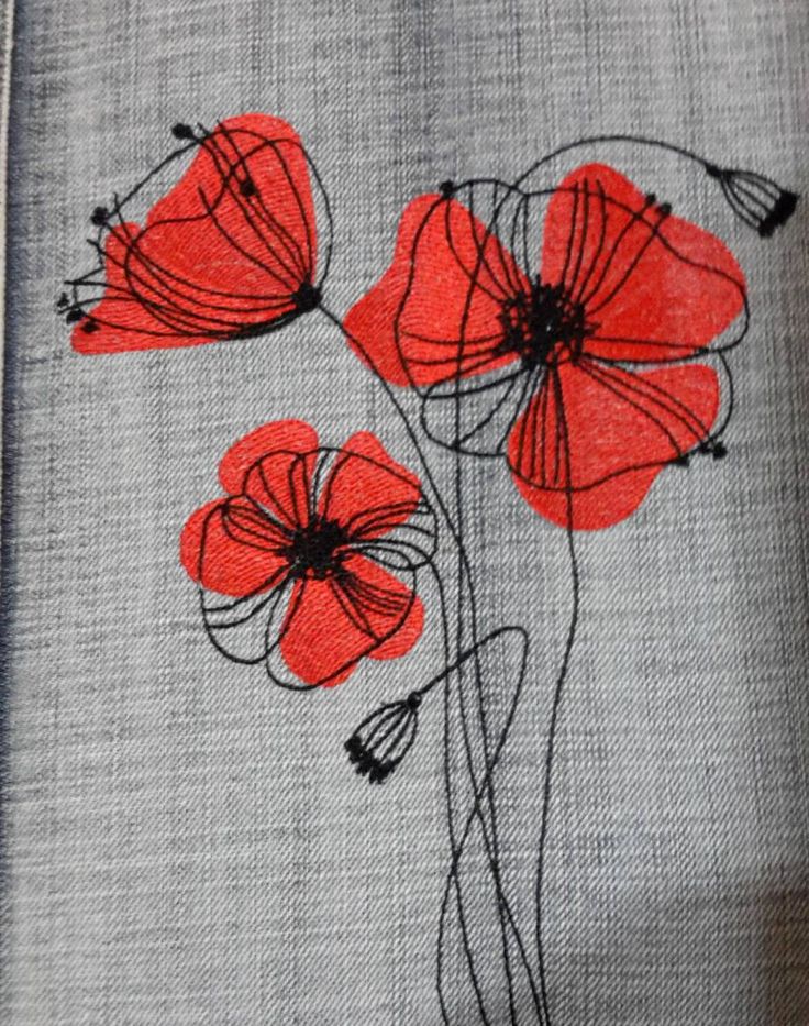 red flowers on grey fabric with black lines