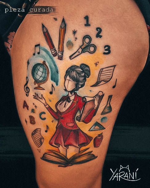 a woman's thigh with tattoos on it and various things in the shape of a book