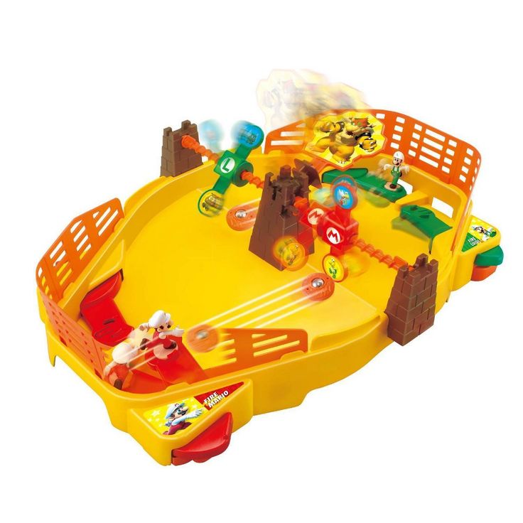 a yellow play table with animals and toys on it's sides, in front of a white background