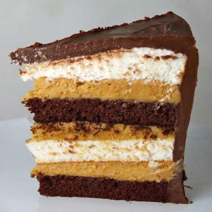 a piece of chocolate cake with white and brown frosting on the top, sitting on a plate