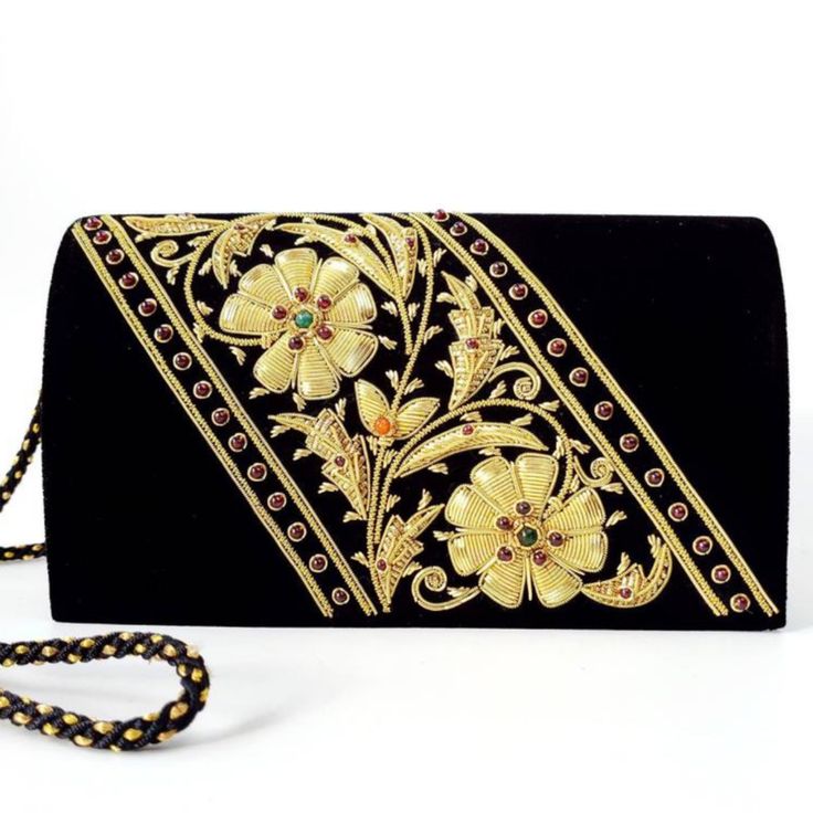 Black and Gold Clutch with Garnets Metallic Flowers, Gold Clutch Bag, Embellished Purses, Formal Clutch, Evening Fashion, Embroidered Handbag, Velvet Clutch, Floral Clutches, Gold Clutch