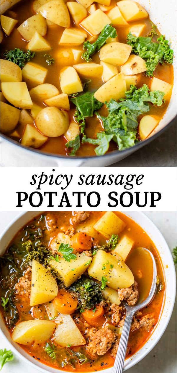 two pictures with different types of soup in them and the words spicy sausage potato soup