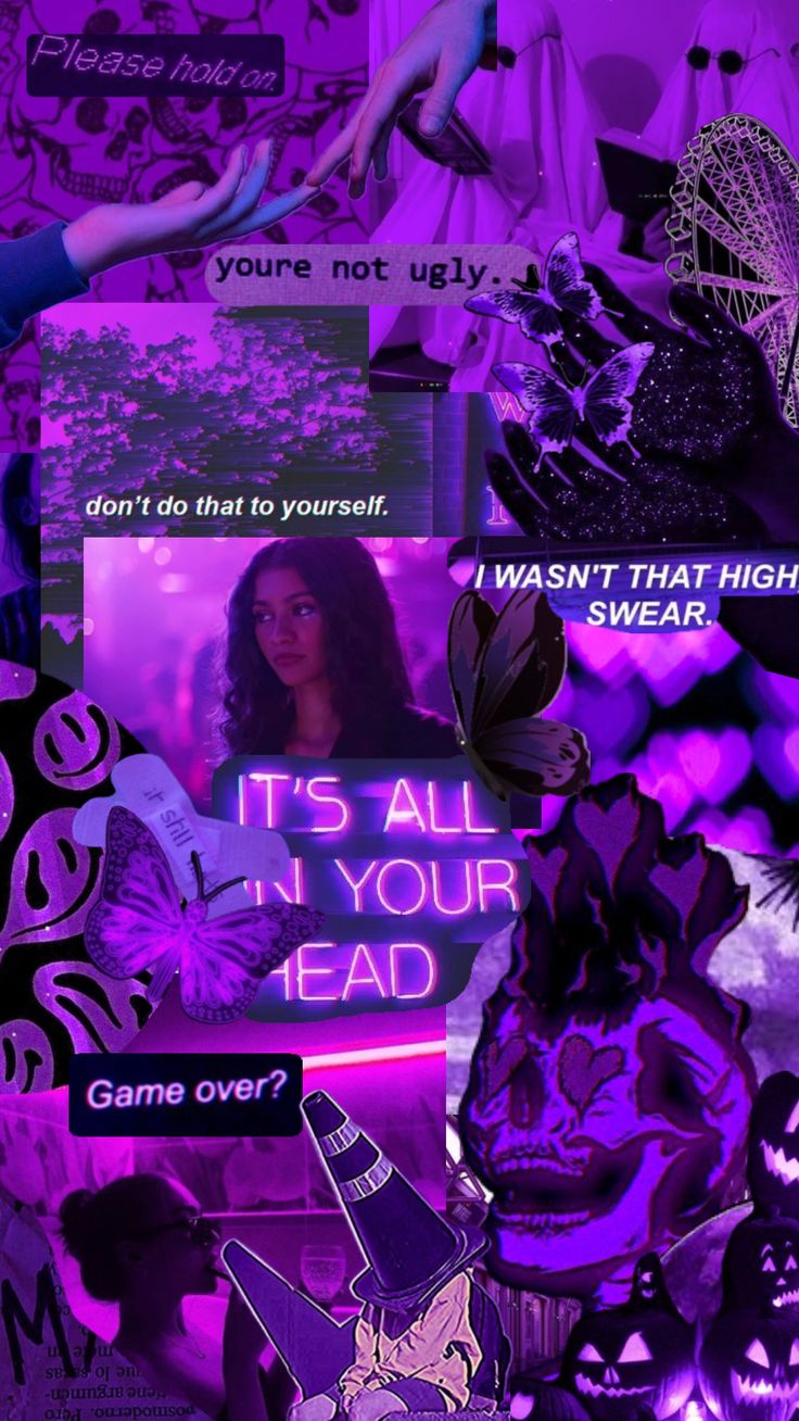 a collage of purple images with the words it's all in your head