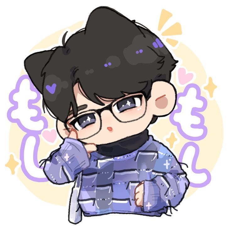 a drawing of a boy wearing glasses and a sweater with his hand on his chin