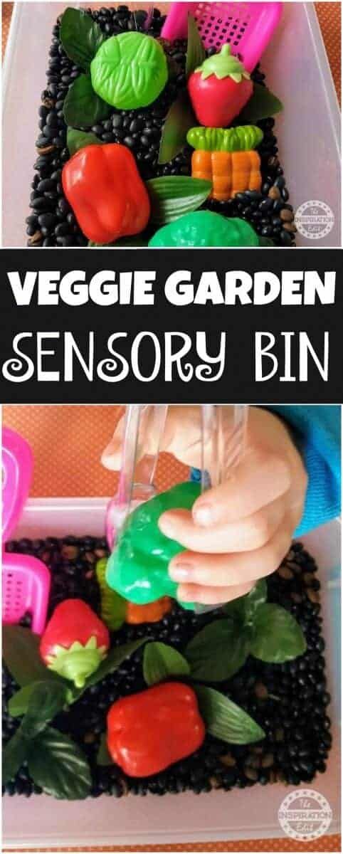 a vegetable garden is shown with the words, veggie garden sensory bin