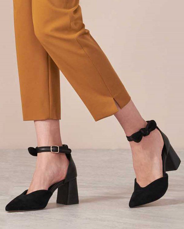 NALIA: Women's Black Suede Pumps with Block Heels: Anne Fontaine Chic Ankle Strap Heels For Fall, Fall Chic Ankle Strap Heels, Formal Ankle-high Heels With Contrasting Heel Counter, Calf Leather Ankle Strap Heels With Stacked Heel, Ankle-high Heels With Contrasting Heel Counter For Work, Chic Ankle-high Suede Heels, Chic Leather Boots With Ankle Strap, Black Block Heels In Calf Leather, Black Calf Leather Heels With Block Heel