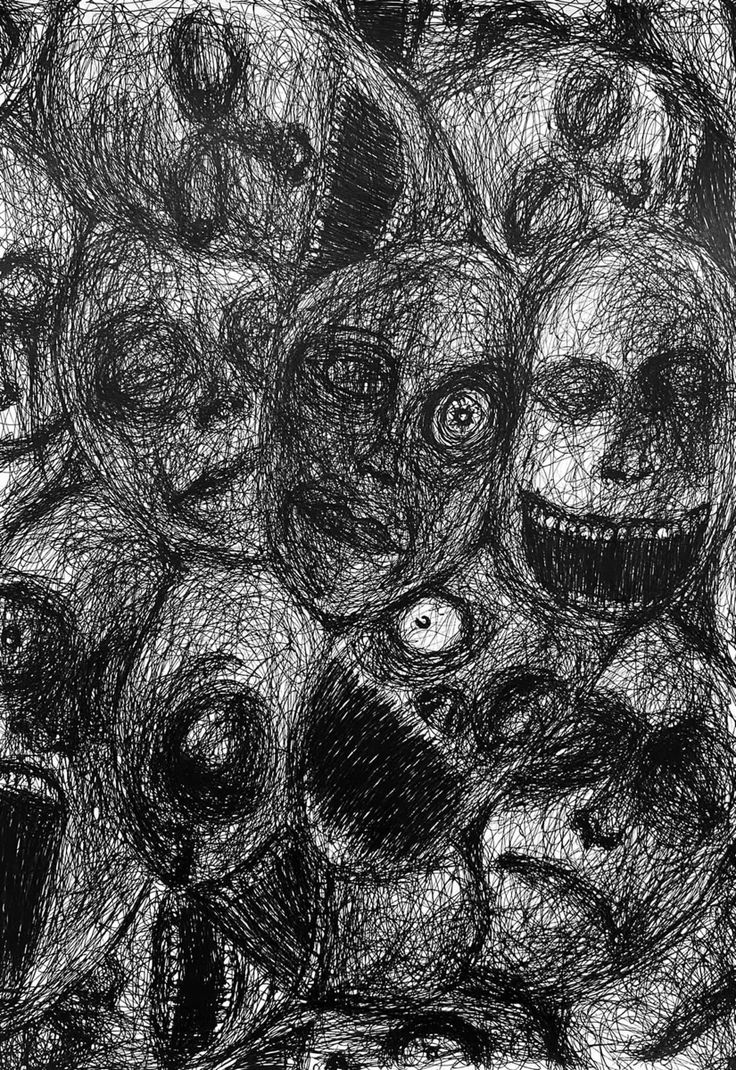 a black and white drawing of many faces