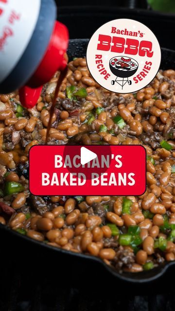 a pan filled with baked beans next to a sign that reads bacan's baked beans