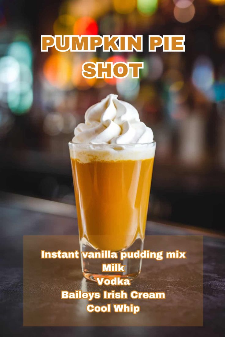 A spiced Pumpkin Pie Shot garnished with cinnamon and whipped cream. Thanksgiving Shot Recipes, Holiday Shot Recipes, Pumpkin Pie Shots, Holiday Shots, Cinnamon Schnapps, Spiced Whipped Cream, Pudding Shots, Cocktail Shots, Pumpkin Pudding