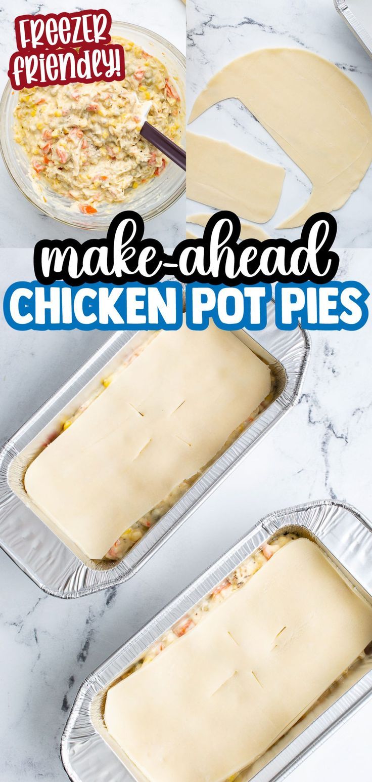 make - ahead chicken pot pies in pans with text overlay