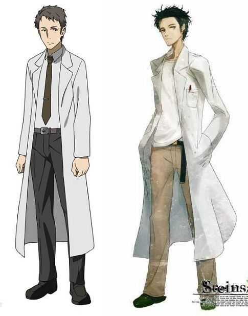 two anime characters standing next to each other wearing white coats and black pants, one with his hands on his hips