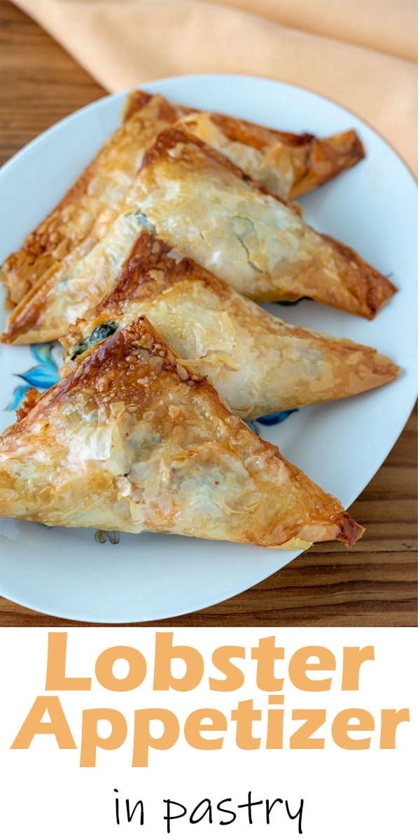 three pieces of food on a plate with the words lobster appetizer in pastry