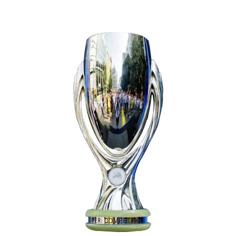 a glass trophy with people walking down the street in front of it on a white background