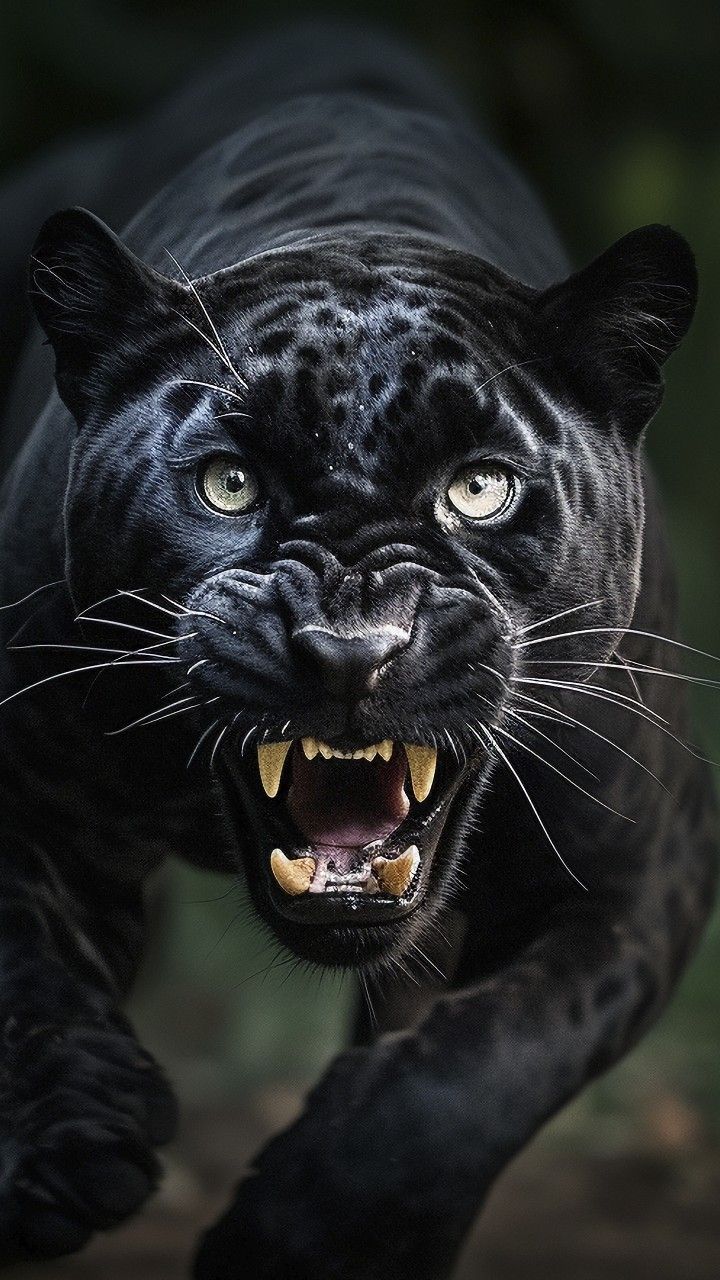 a close up of a black leopard with its mouth open