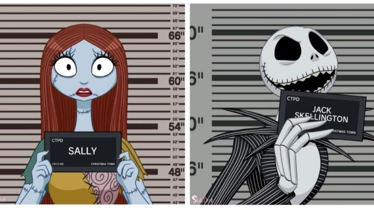 two cartoon characters holding up signs in front of a jail cell door and behind them is an image of jack skellington