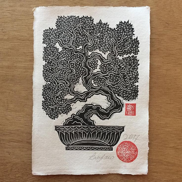 an ink drawing of a bonsai tree in a pot with red stamps on it