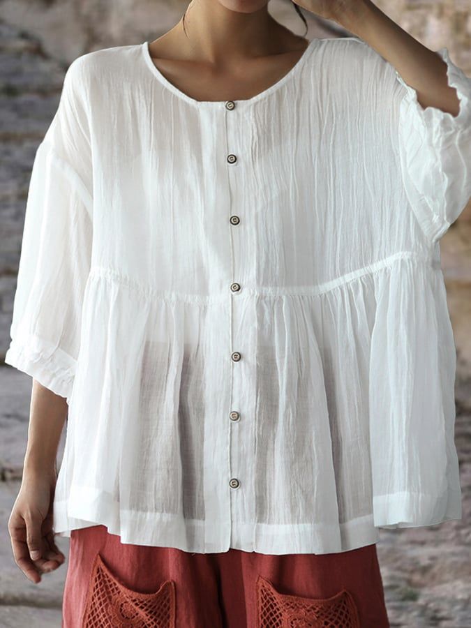 DescriptionSPU:WSH213390Material:CottonStyle:Casual/Boho*The item does not include any accessories in the picture, unless stated otherwise in the product description.Size chartSizeBustClothing LengthCMINCHCMINCHOne-Size11846.466224.41 Summer Vacation Blouse With 3/4 Sleeves, 3/4 Sleeve Blouse For Summer Vacation, Summer Casual Tunic Shirt, Casual Tunic Shirt For Summer, Casual Summer Tunic Shirt, Casual Tunic Blouse, Summer Bohemian Tunic Shirt, Bohemian Blouse With Button Closure For Vacation, Bohemian Beach Shirt For Spring