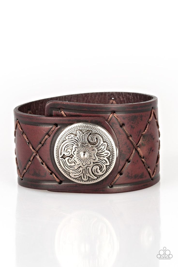 Featuring a flowery silver bead, a thick brown leather band has been stitched in diamond patterns across the front for a rugged look. Features an adjustable snap closure. Sold as one individual bracelet. Paparazzi Accessories Jewelry, Brown Bracelet, Snap Bracelets, Rugged Look, Paparazzi Accessories, Silver Bead, Affordable Jewelry, Paparazzi Jewelry, Bracelet Collection