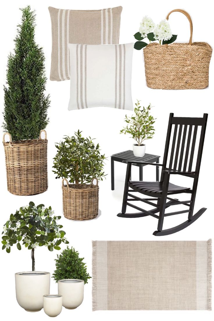 a collage of white and neutrals with plants in baskets, pillows, and chairs