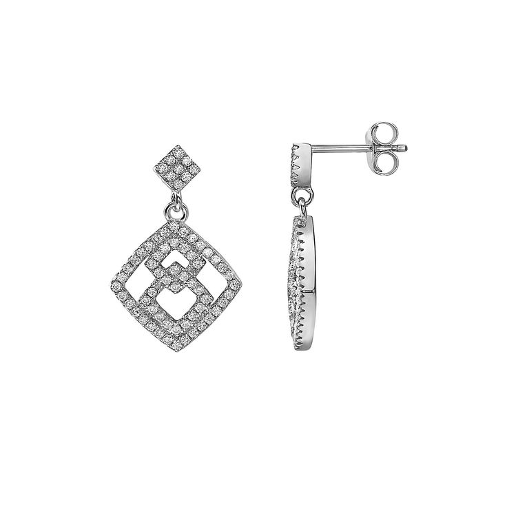 These gorgeous sterling silver square drop earrings are a must-add to your fine jewelry collection. These gorgeous sterling silver square drop earrings are a must-add to your fine jewelry collection. Length: 23 mm Backings: post Packaging: boxed Metal: sterling silver Plating: rhodium Additional details: cubic zirconia accents Finish: polished Please note, due to the high value of this item, a signature may be required upon delivery. Size: One Size. Color: White. Gender: female. Age Group: adult Classic Sterling Silver Rectangular Earrings, Elegant Silver Rectangular Diamond Earrings, Elegant Silver Rectangular Earrings, Sterling Silver Rectangular Earrings For Wedding, Elegant Sterling Silver Diamond-shaped Earrings, Elegant Rectangular Sterling Silver Earrings, Sterling Silver Square Jewelry For Formal Occasions, Square Shaped Sterling Silver Jewelry For Formal Occasions, Square Sterling Silver Jewelry For Formal Occasions